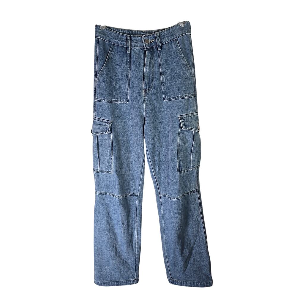 Juny Cargo Jeans Straight Leg High Rise Relaxed Fit Denim Womens Small Denim